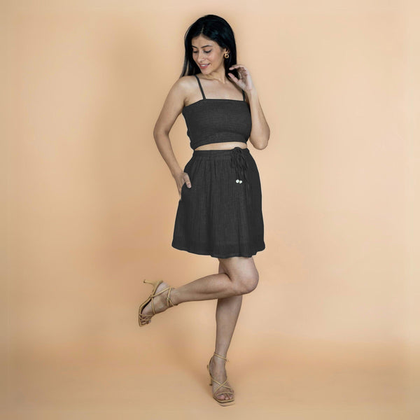 Black Crinkled Cotton Flax High-Rise Skater Mini Skirt