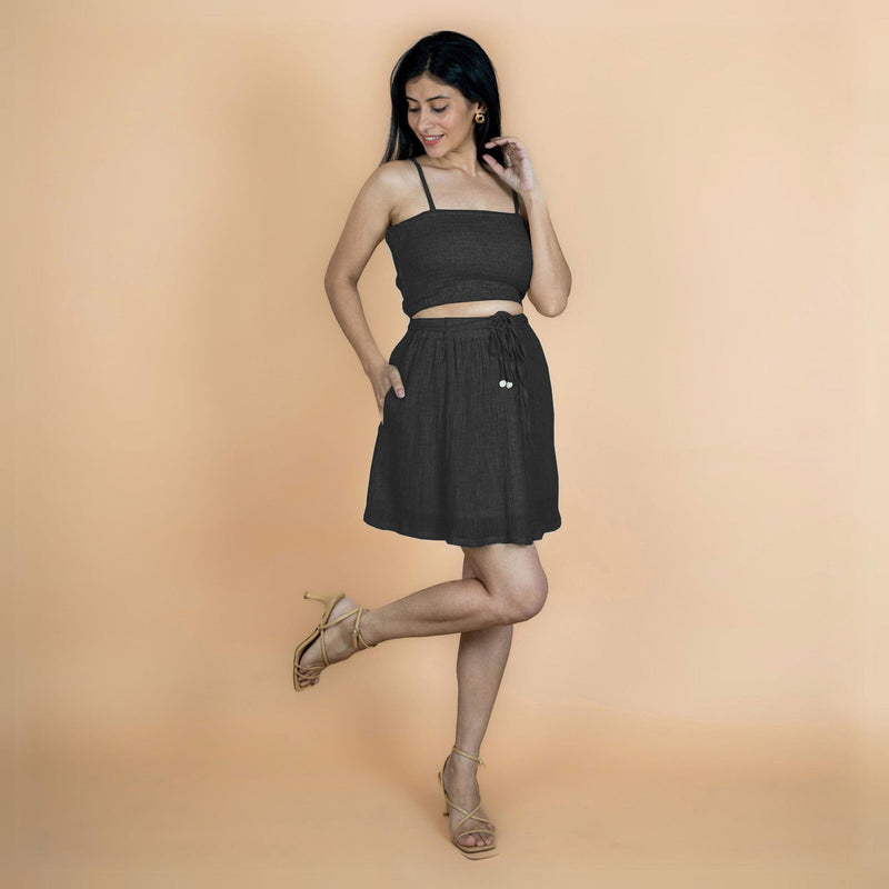 Black Crinkled Cotton Flax High-Rise Skater Mini Skirt