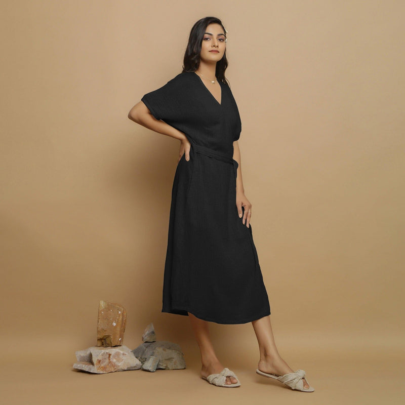 Black Crinkled Cotton Flax Maxi Wrap Dress