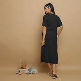 Black Crinkled Cotton Flax Maxi Wrap Dress