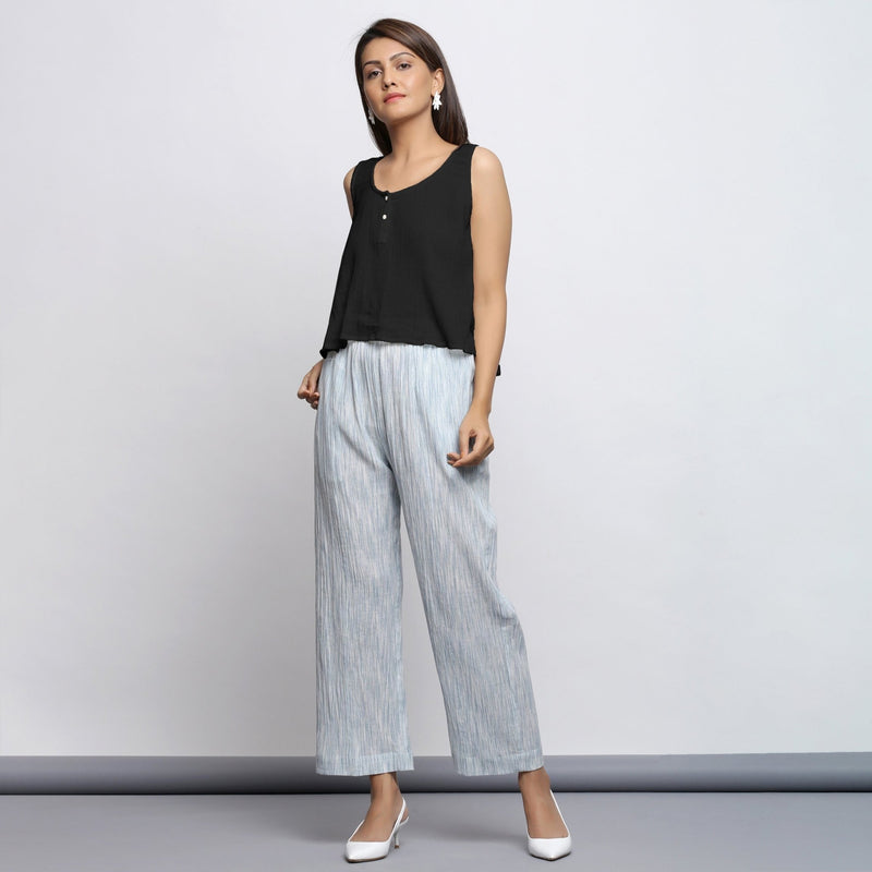 Black Crinkled Cotton Flax Round Neck Sleeveless Top