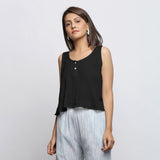 Black Crinkled Cotton Flax Round Neck Sleeveless Top