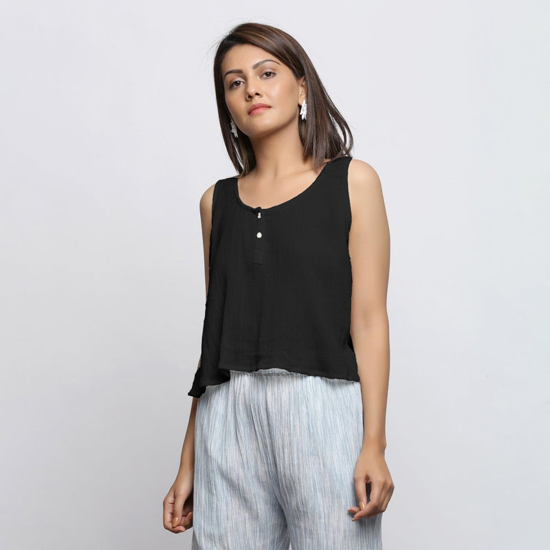 Black Crinkled Cotton Flax Round Neck Sleeveless Top