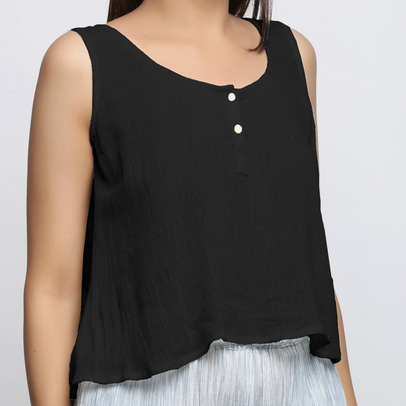 Black Crinkled Cotton Flax Round Neck Sleeveless Top