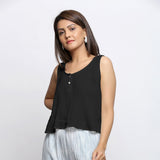 Black Crinkled Cotton Flax Round Neck Sleeveless Top