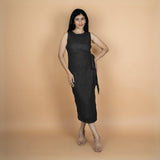 Black Crinkled Cotton Flax Shift Midi Wrap Dress