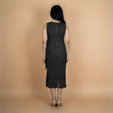 Black Crinkled Cotton Flax Shift Midi Wrap Dress