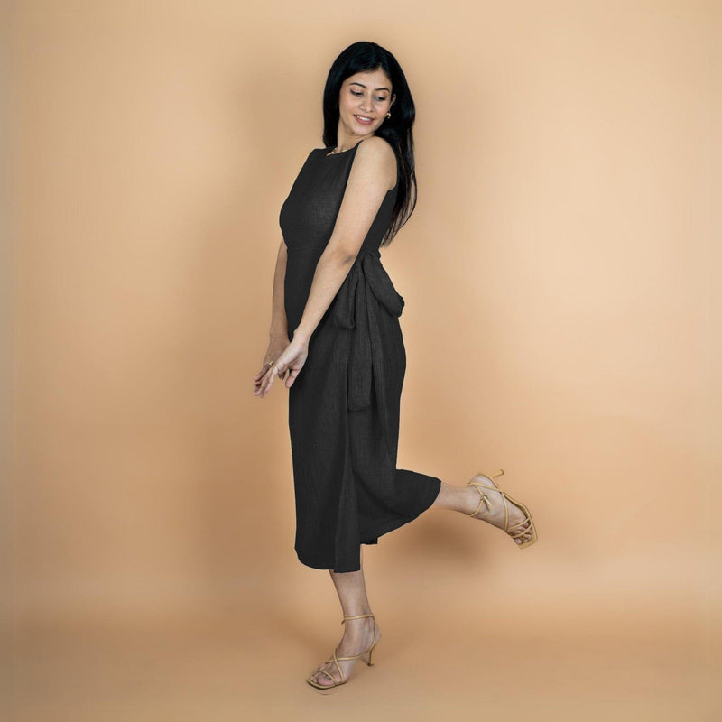 Black Crinkled Cotton Flax Shift Midi Wrap Dress