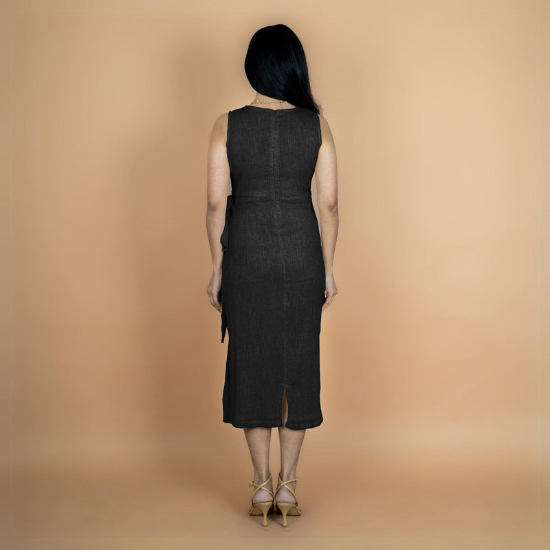 Black Crinkled Cotton Flax Shift Midi Wrap Dress