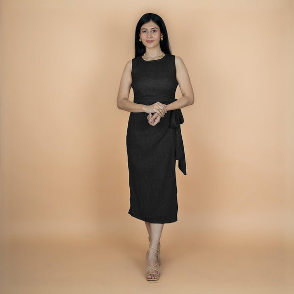 Black Crinkled Cotton Flax Shift Midi Wrap Dress