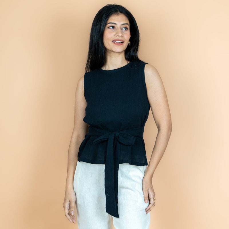 Black Crinkled Cotton Flax Sleeveless Tie-Up Top