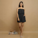 Black Crinkled Cotton Flax Tube Playsuit