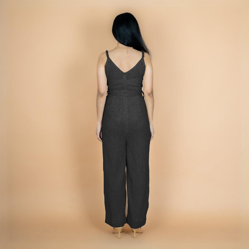 Black Crinkled Cotton Flax V-Neck Strap Sleeve Jumpsuit