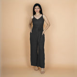 Black Crinkled Cotton Flax V-Neck Strap Sleeve Jumpsuit