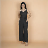 Black Crinkled Cotton Flax V-Neck Strap Sleeve Jumpsuit