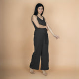 Black Crinkled Cotton Flax V-Neck Strap Sleeve Jumpsuit