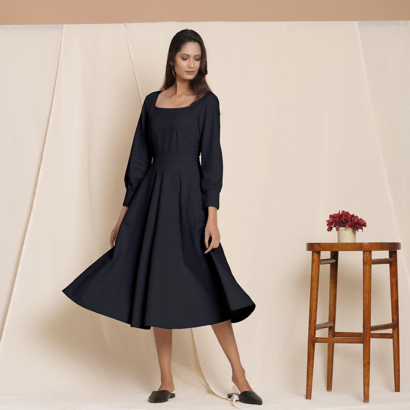 Black Warm Cotton Flannel Fit and Flare Midi Dress 44" / Tall (5'7" and above) Black Warm Cotton Flannel Fit and Flare Midi Dress 44" / Tall (5'7" and above)