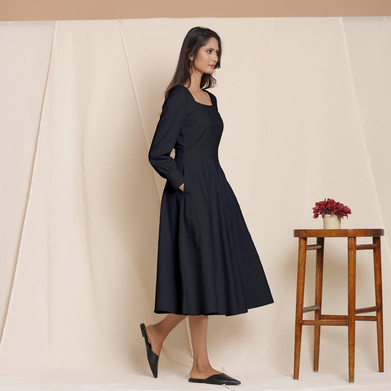 Black Warm Cotton Flannel Fit and Flare Midi Dress 44" / Tall (5'7" and above) Black Warm Cotton Flannel Fit and Flare Midi Dress 44" / Tall (5'7" and above)