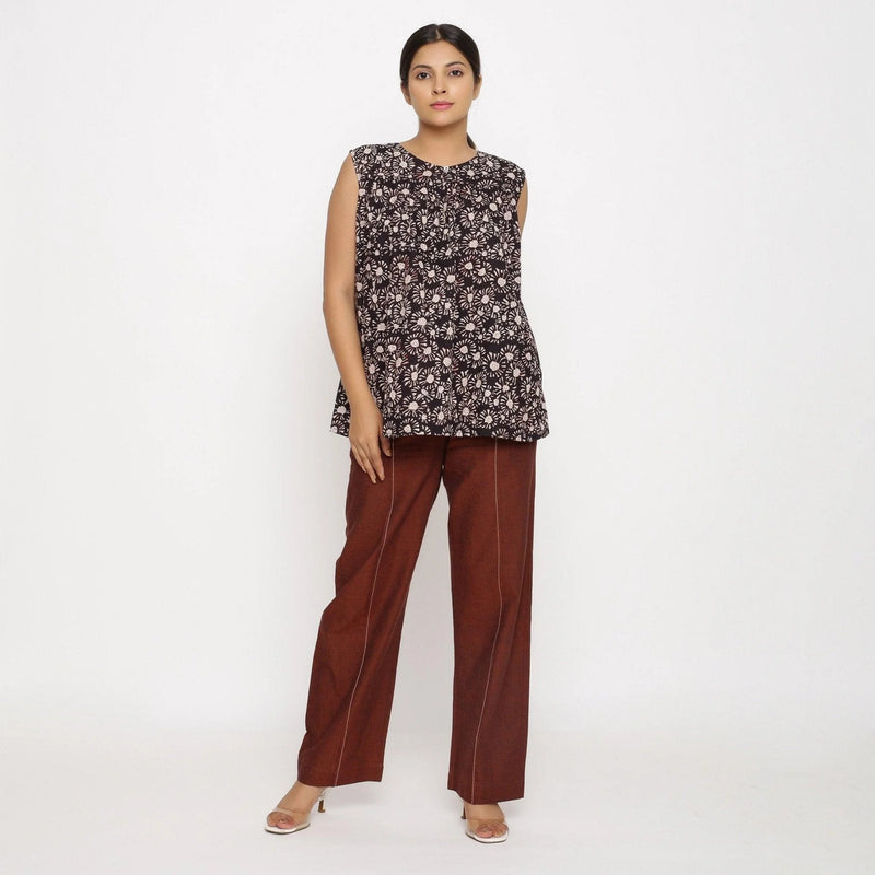 Front View of a Model wearing Black Floral Bagru Block Print Yoke Cotton Top