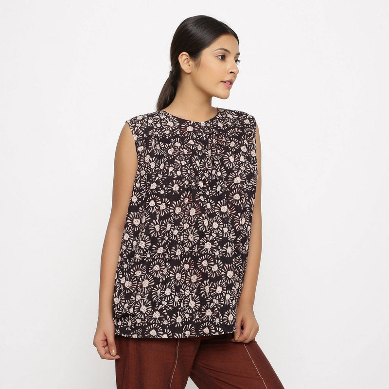 Front View of a Model wearing Black Floral Bagru Block Print Yoke Cotton Top