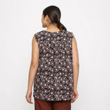 Back View of a Model wearing Black Floral Bagru Block Print Yoke Cotton Top