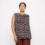 Front View of a Model wearing Bagru Floral Print Black Gathered Yoke Top