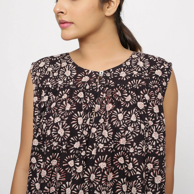 Front Detail of a Model wearing Black Floral Bagru Block Print Yoke Cotton Top