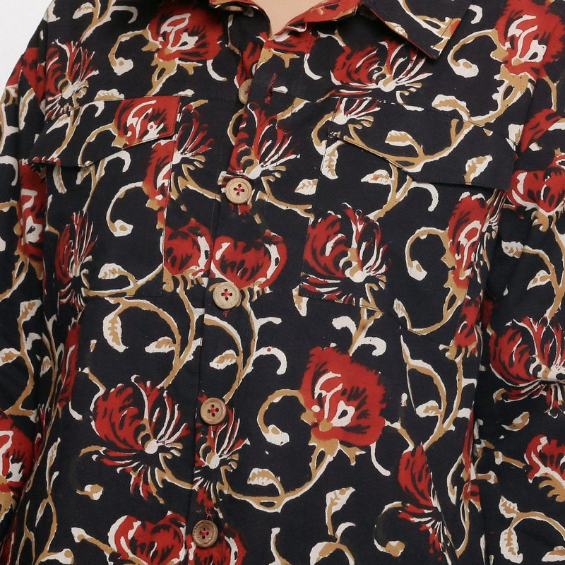 Front Detail of a Model wearing Black Bagru Block Printed Shirt