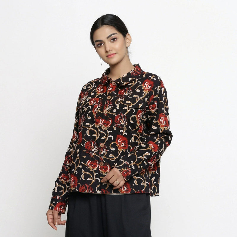 Front View of a Model wearing Black Bagru Block Printed Shirt