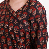 Front Detail of a Model wearing Bagru Block Print Black Floral Blouse