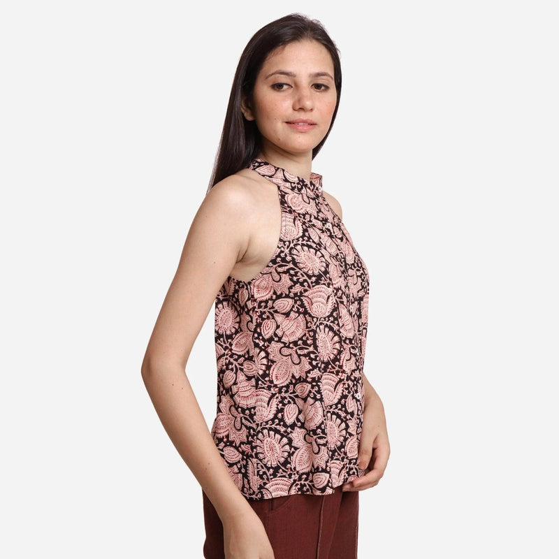 Right View of a Model wearing Halter Neck Floral Button-Down Top