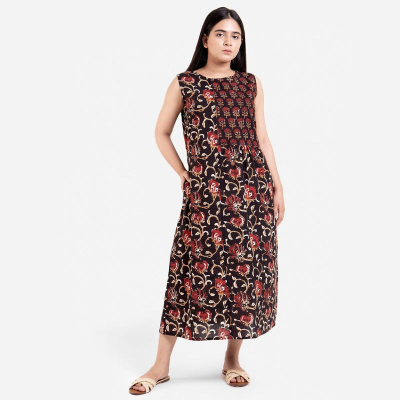 Front View of a Model wearing Black Floral Block Print Cotton Yoke Maxi Dress