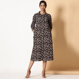 Black Floral Block Printed Cotton Button-Down Maxi Dress