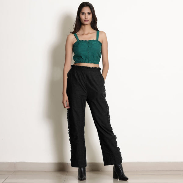 Black Frilled Cotton Flax Paperbag Pant