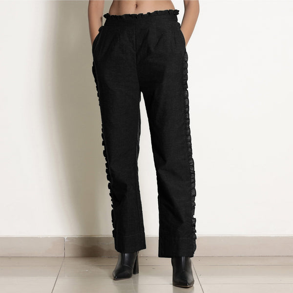 Black Frilled Cotton Flax Paperbag Pant