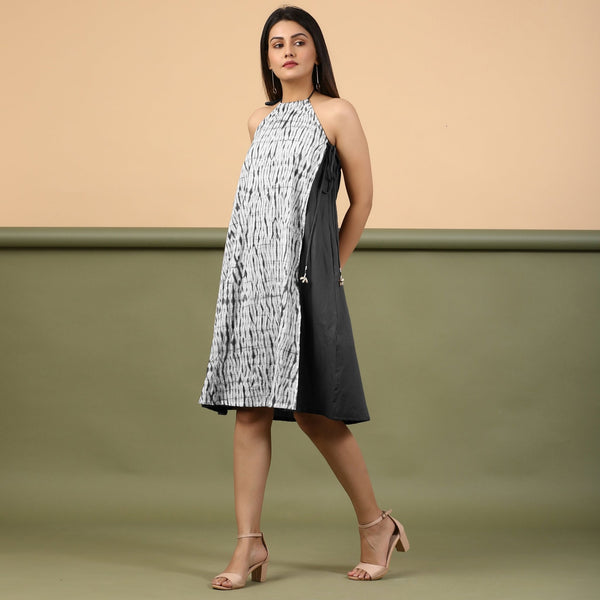 Black Halter Neck Tie-Dye Cotton Knee Length Dress