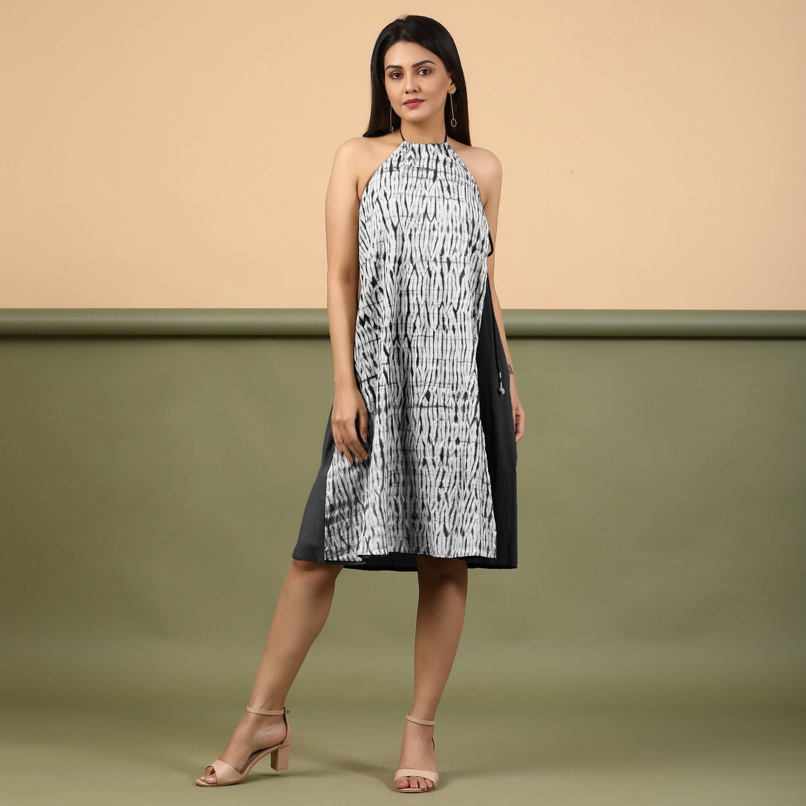 halter neck knee length dress Black Tie-Dye Cotton 34