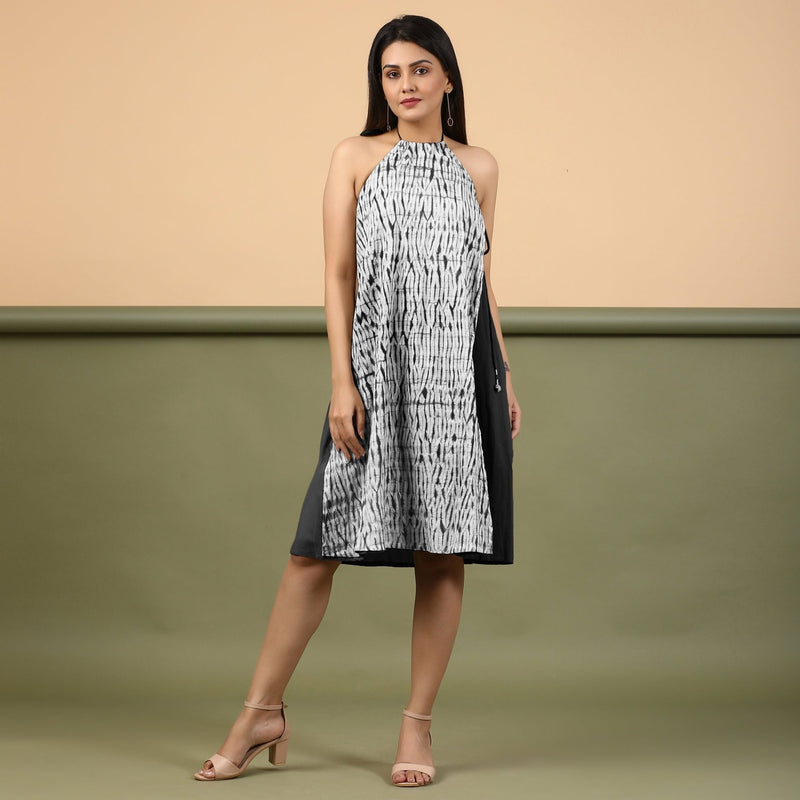 Black Halter Neck Tie-Dye Cotton Knee Length Dress
