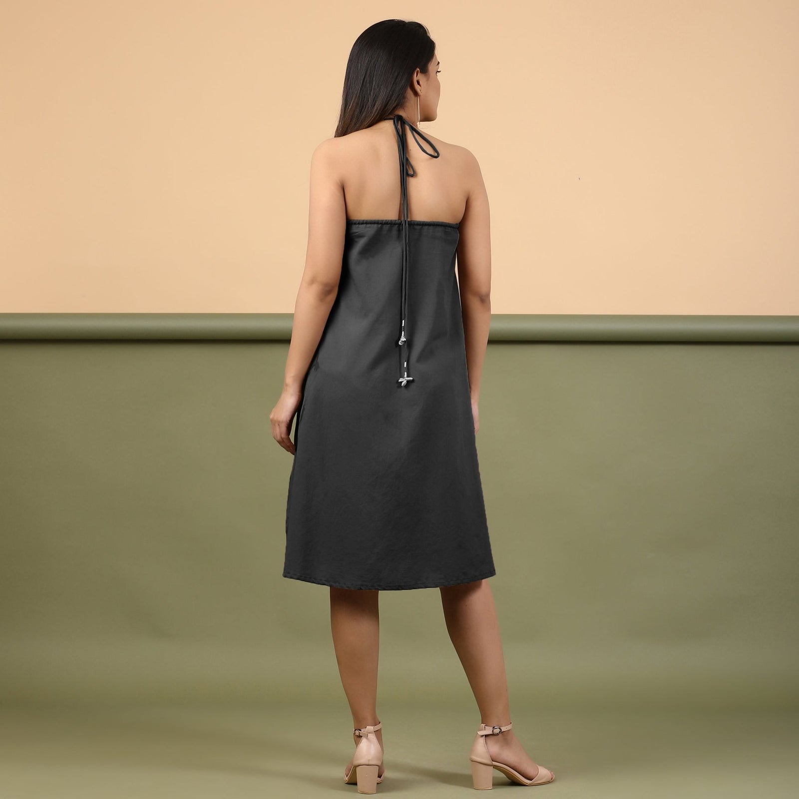 black halter cocktail dress knee length Black Halter Neck Tie-Dye Cotton Knee Length Dress 34" / Tall (5'7" and above)