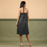 Black Halter Neck Tie-Dye Cotton Knee Length Dress