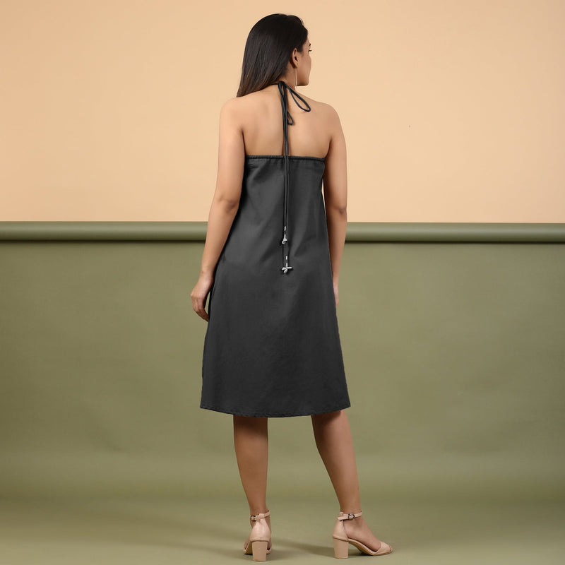 Black Halter Neck Tie-Dye Cotton Knee Length Dress