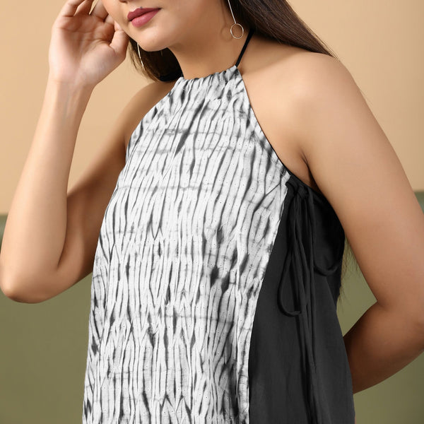 Black Halter Neck Tie-Dye Cotton Knee Length Dress