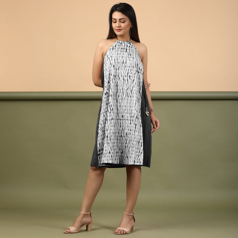 Black Halter Neck Tie-Dye Cotton Knee Length Dress