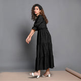 Black Hand-Beaded Cotton Flax Boho Maxi Dress