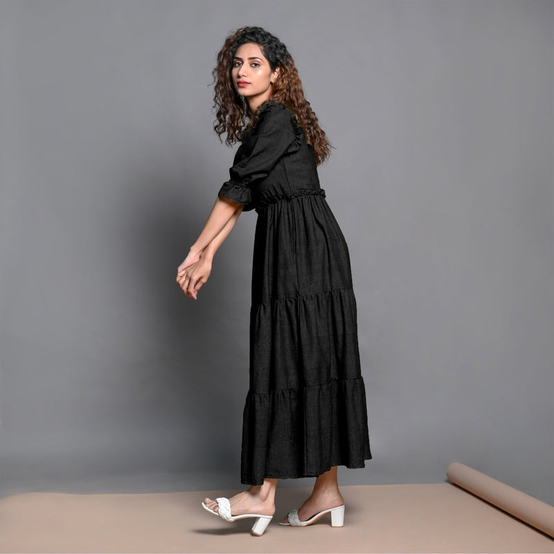 Black Hand-Beaded Cotton Flax Boho Maxi Dress