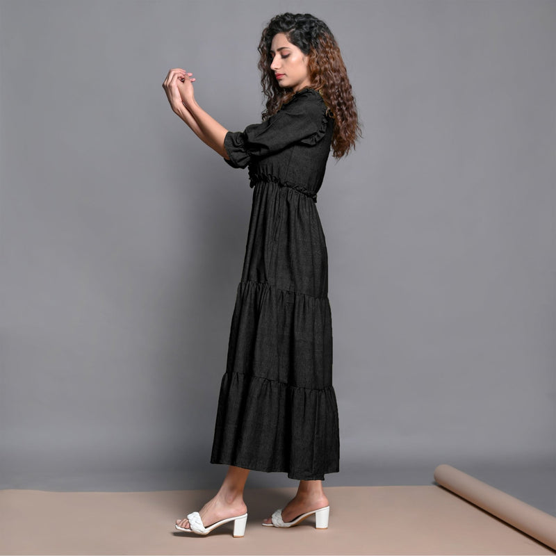 Black Hand-Beaded Cotton Flax Boho Maxi Dress