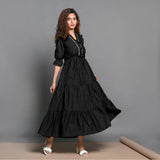 Black Hand-Beaded Cotton Flax Boho Maxi Dress