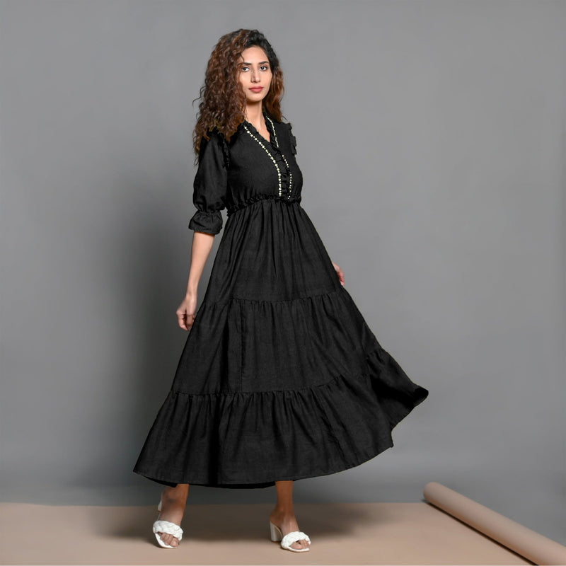 Black Hand-Beaded Cotton Flax Boho Maxi Dress