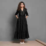 Black Hand-Beaded Cotton Flax Boho Maxi Dress