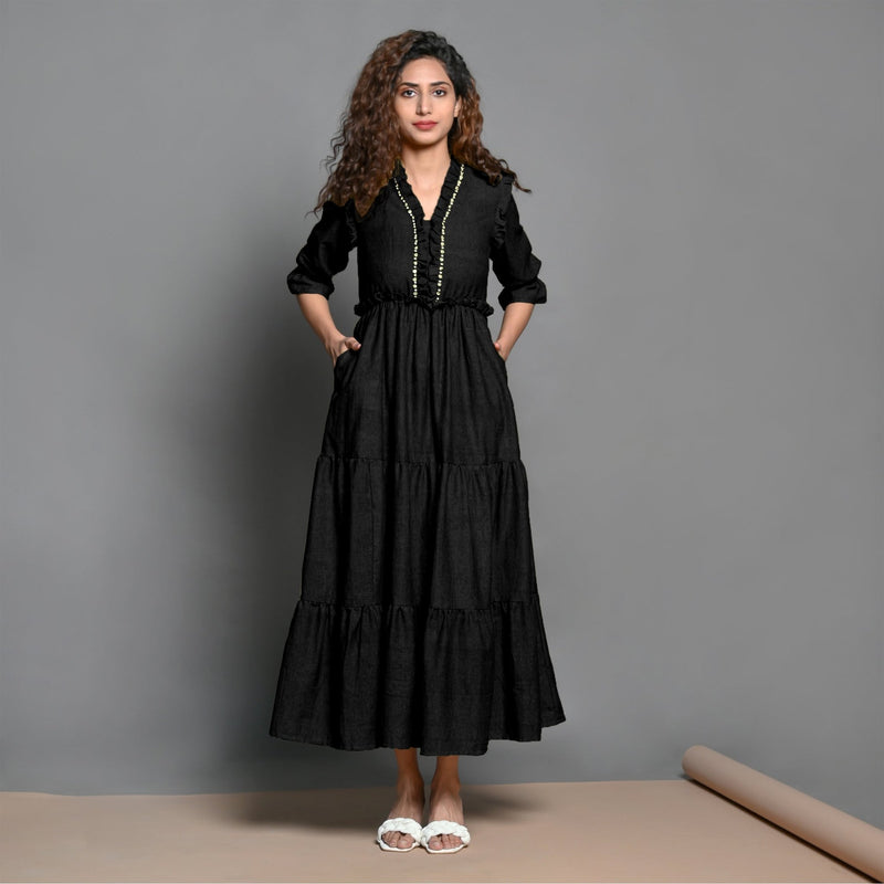 Black Hand-Beaded Cotton Flax Boho Maxi Dress
